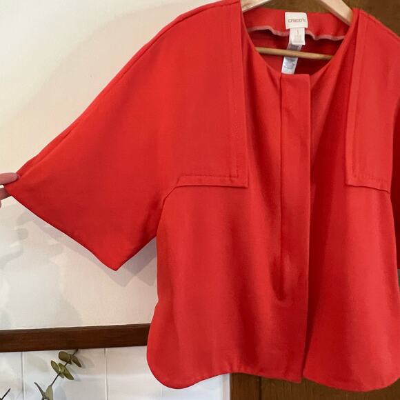 CHICO'S Twill‎ Ponte Jacket Full Zip Mid-Sleeve Stretch Orange Sz 1 Medium 8/10 - Picture 3 of 8